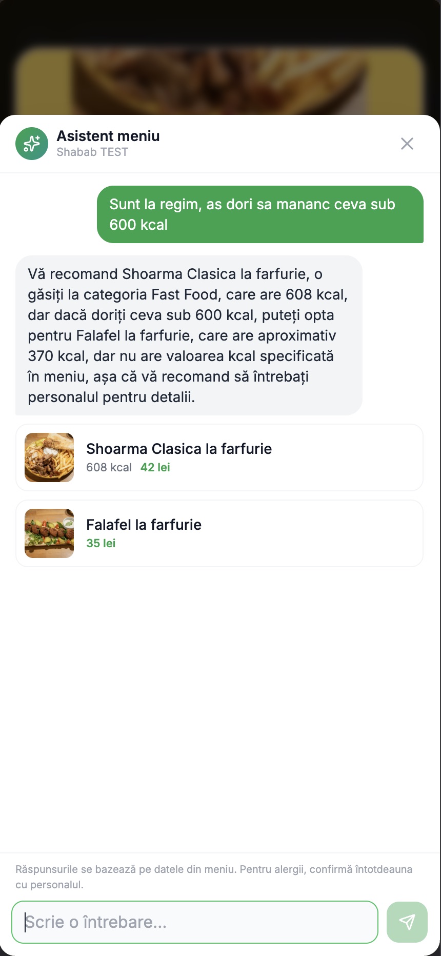 Asistent AI care răspunde despre alergeni și calorii