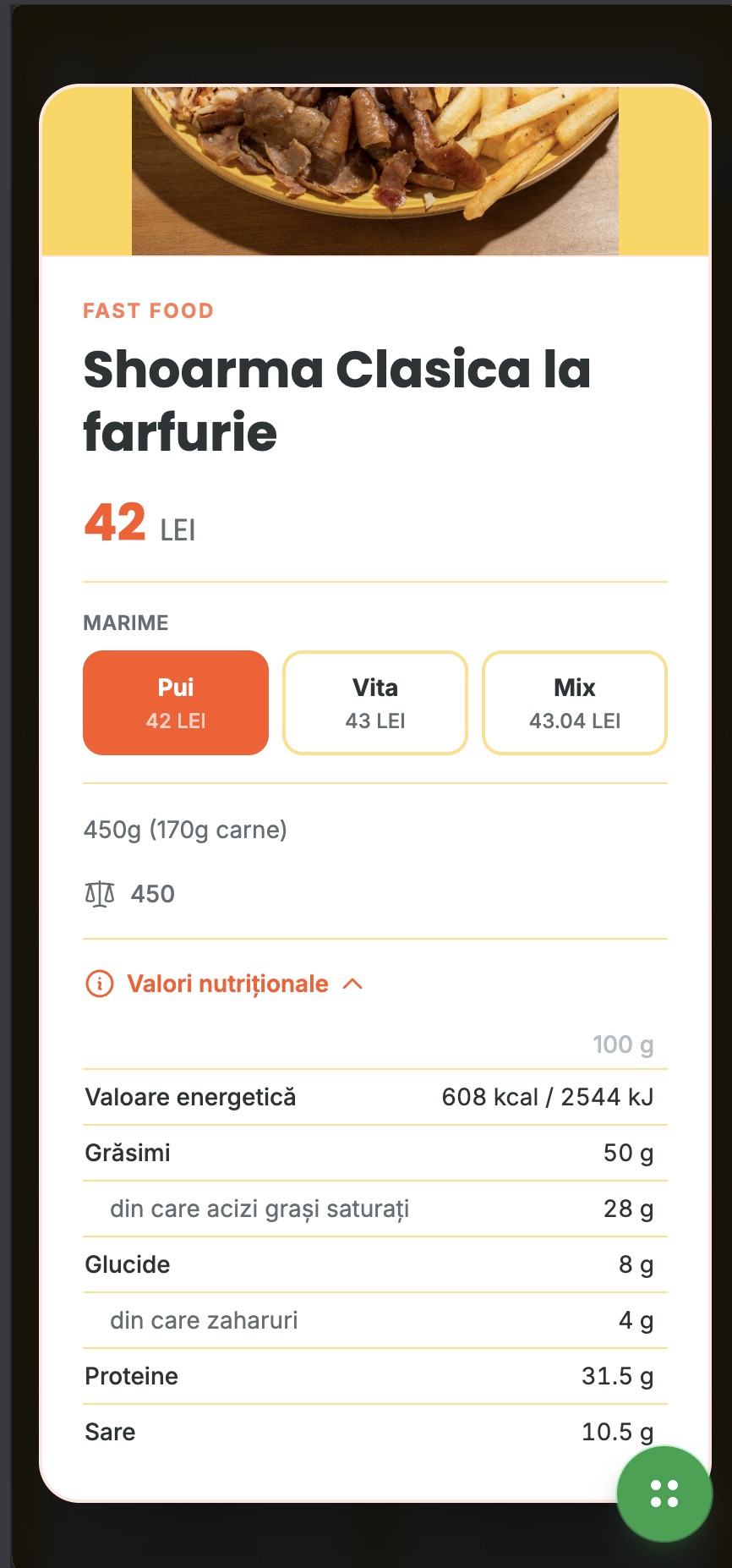 Valori nutriționale afișate per preparat
