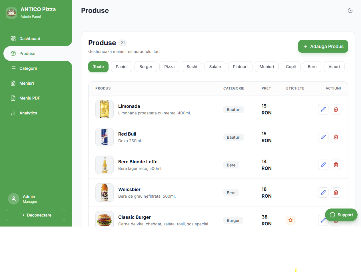 Interfață management produse