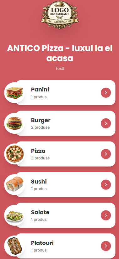 Interfață meniu digital Horeca Solutions pe telefon